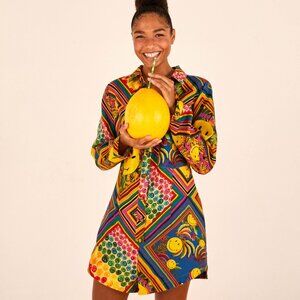 🌈 Farm Rio x SMILEY® Mixed Scarves Romper | M | NWT Linen